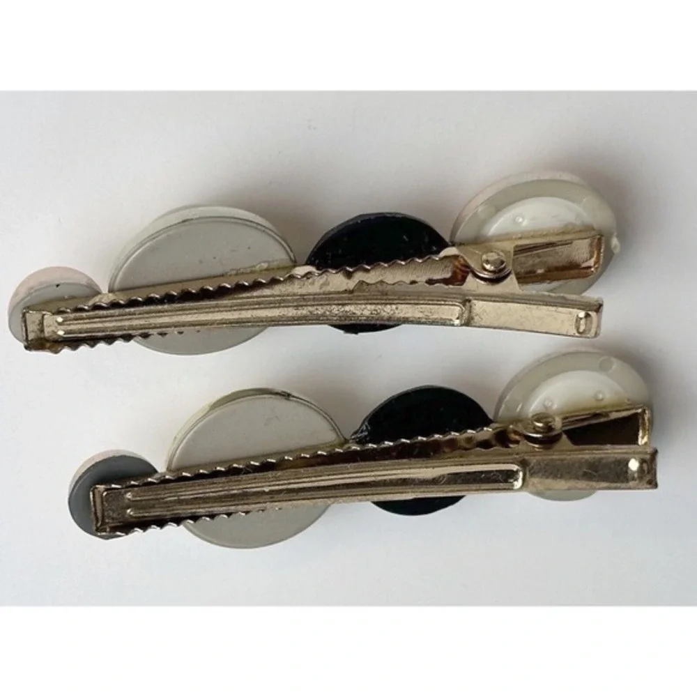 Set of Vintage Style Gold Tone Alligator Hair Clips Faux Pearl Black Crystal J-0